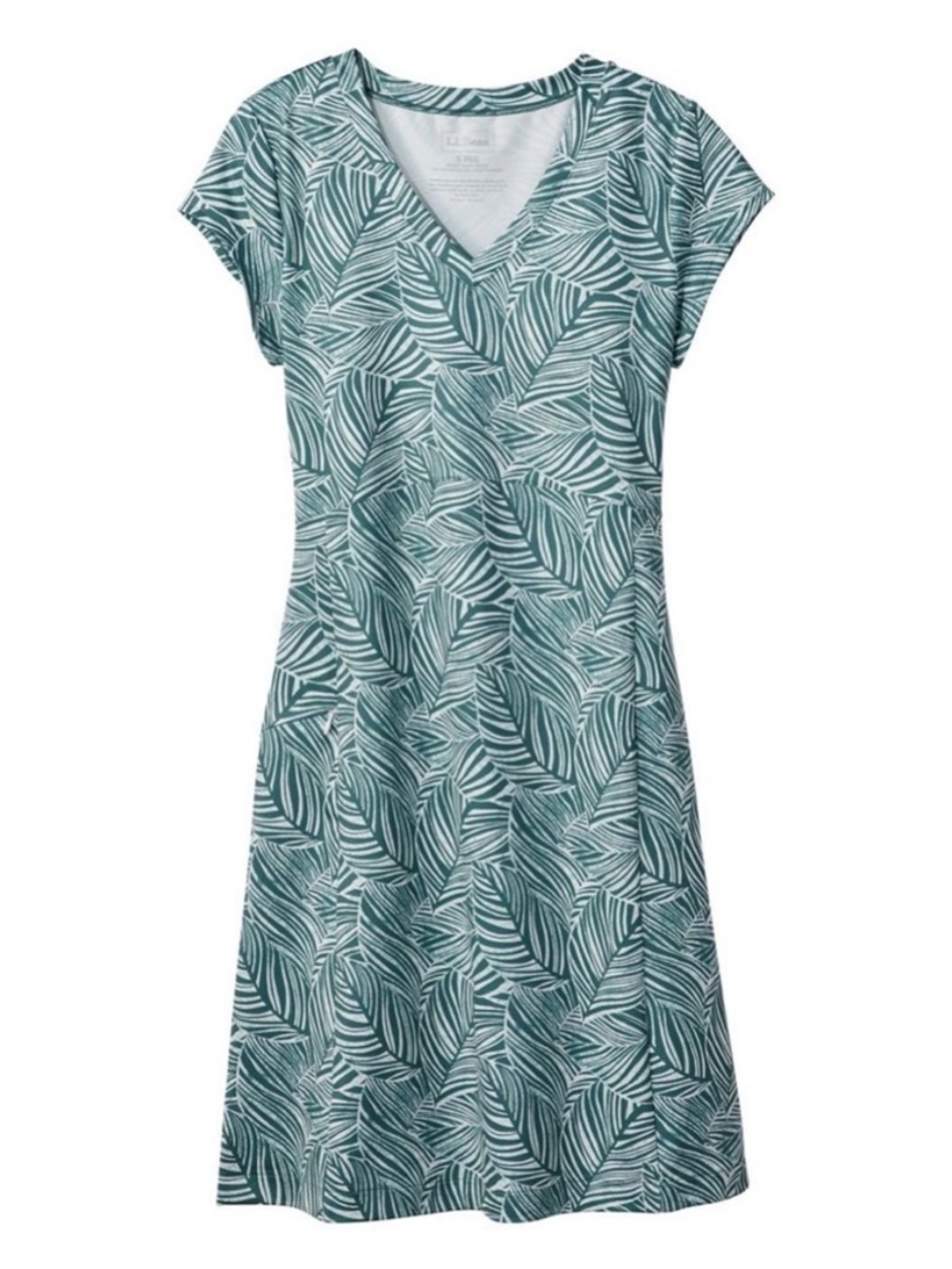 LL Bean Short Sleeve Fitness Dress Leaf Pattern Pocket Medium